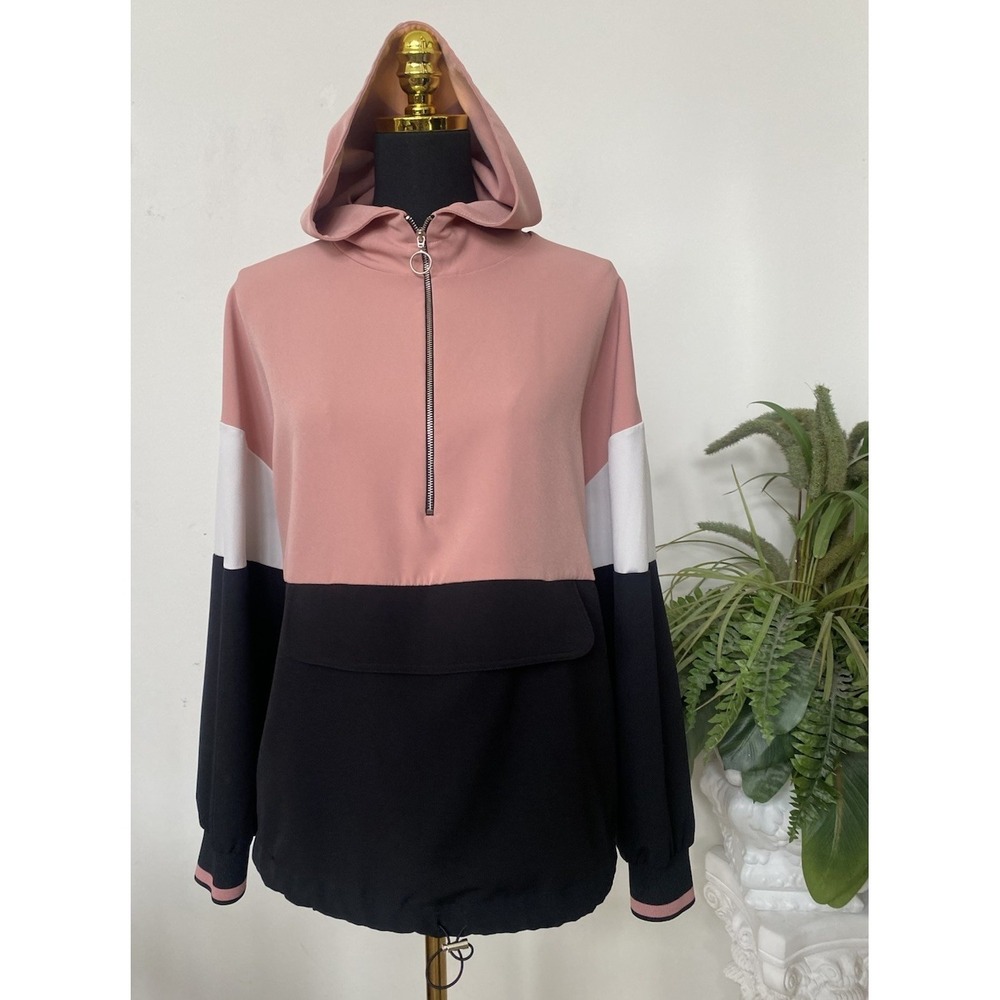 Zara Women's Color-block Black Polyester Blend Outerwear Hooded Jacket Sz XL EUC